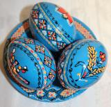 3 Wooden Ukrainian Handpainted easter Eggs on Plate,hand painted Ukrainian Pysanky Eggs with the same plate